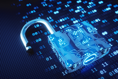 Open lock with binary and circuit board overlay